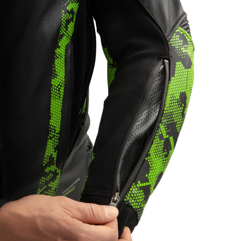 Rebelhorn Veloce zwart-camo groen-fluor rood leren motorjack