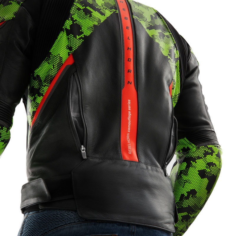 Rebelhorn Veloce zwart-camo groen-fluor rood leren motorjack