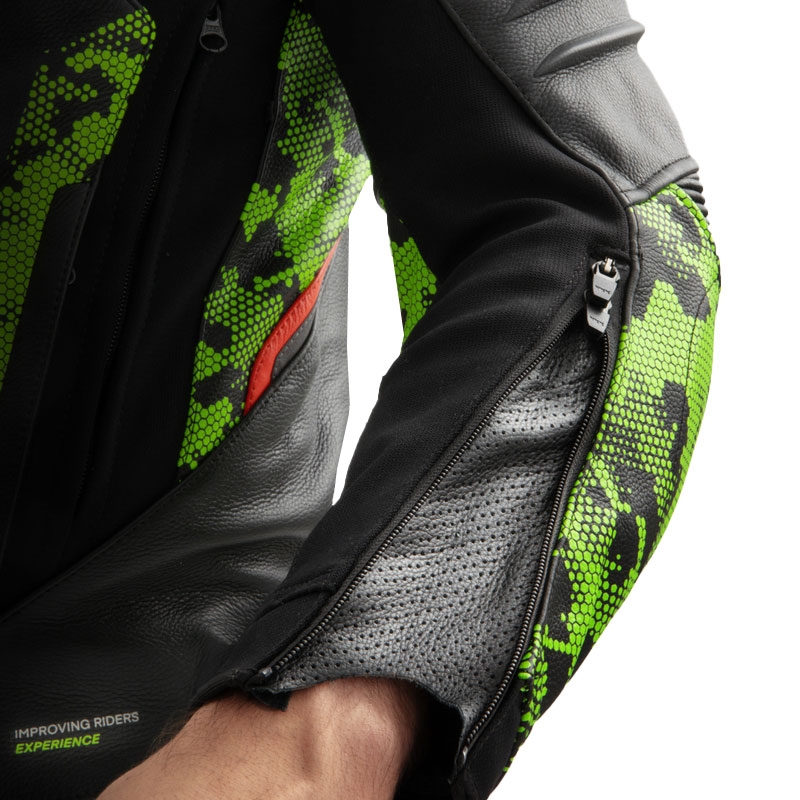 Rebelhorn Veloce zwart-camo groen-fluor rood leren motorjack
