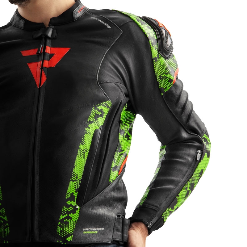 Rebelhorn Veloce zwart-camo groen-fluor rood leren motorjack