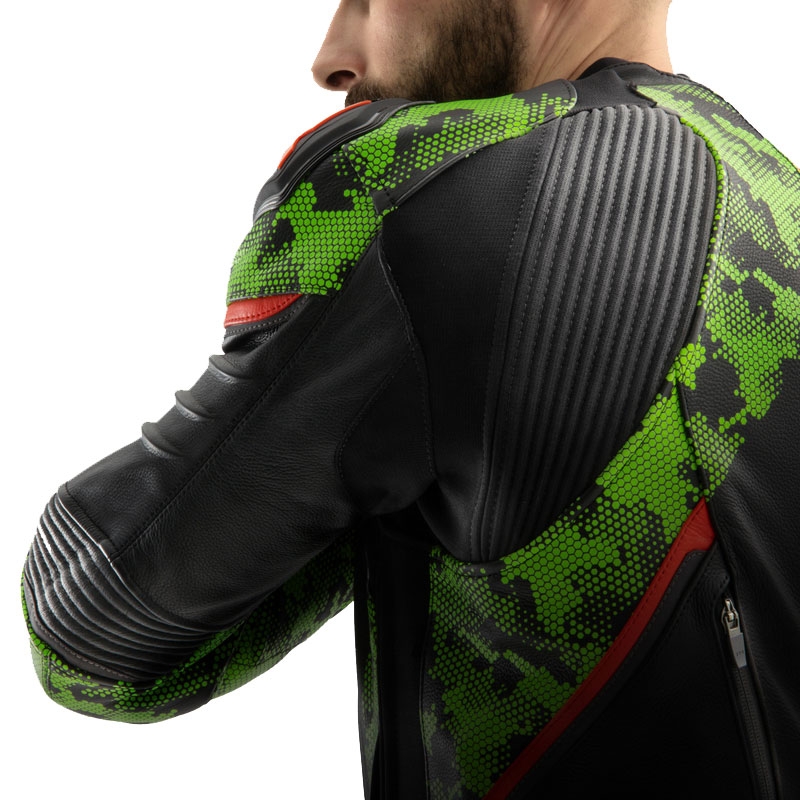 Rebelhorn Veloce zwart-camo groen-fluor rood leren motorjack