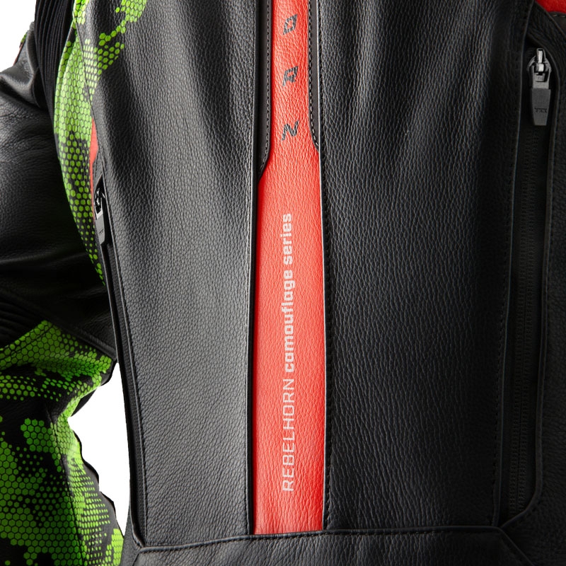 Rebelhorn Veloce zwart-camo groen-fluor rood leren motorjack