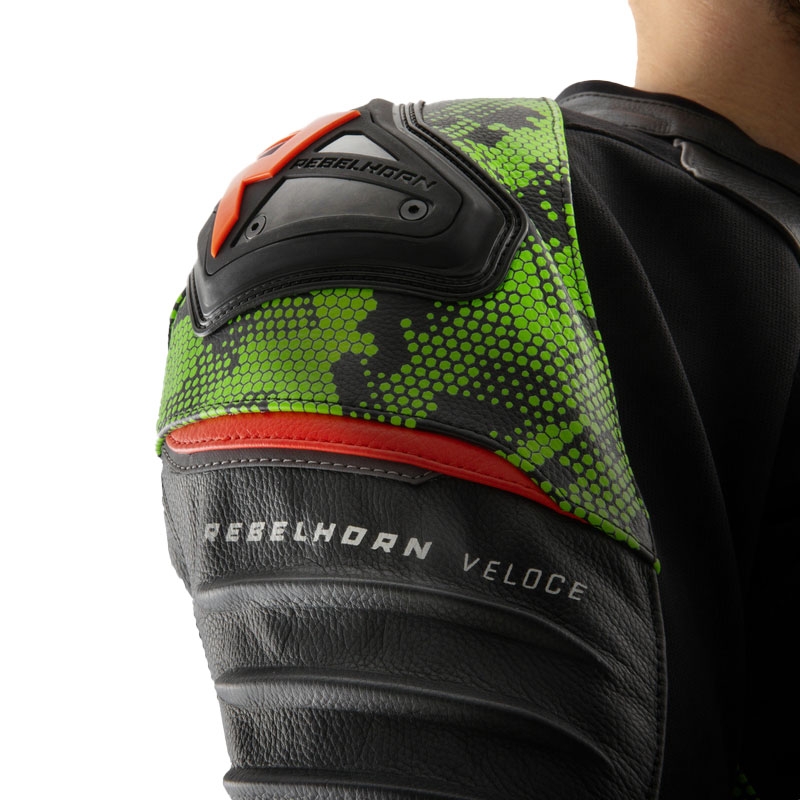 Rebelhorn Veloce zwart-camo groen-fluor rood leren motorjack