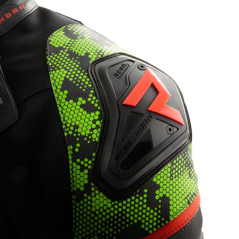 Rebelhorn Veloce zwart-camo groen-fluor rood leren motorjack