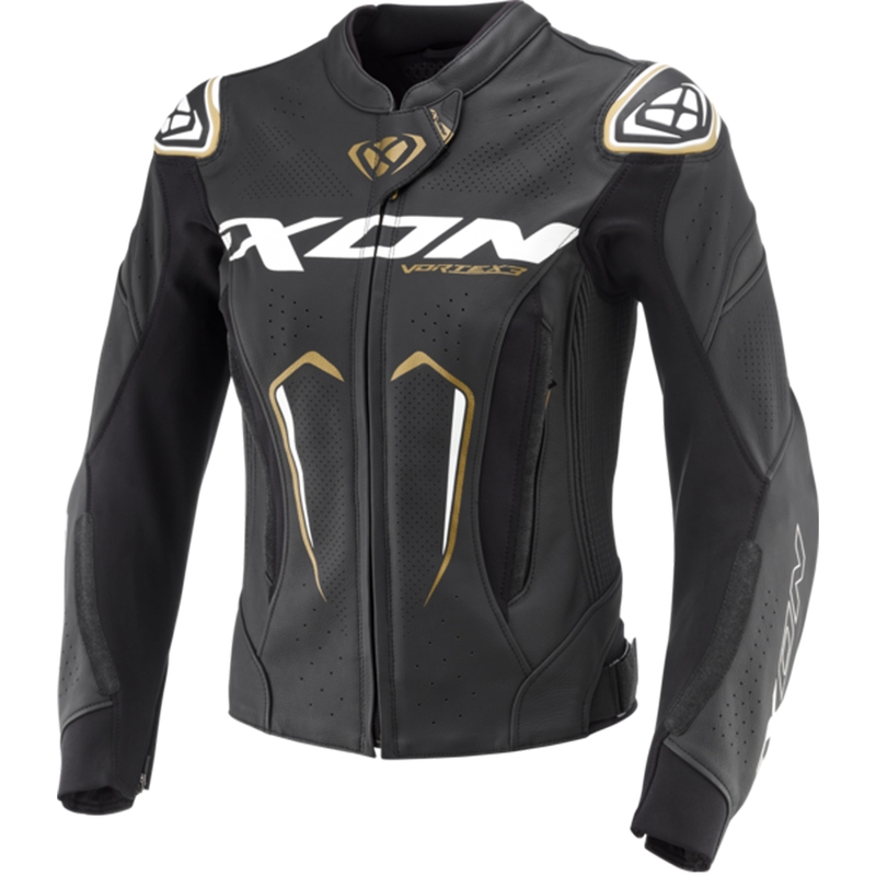Leren damesmotorjack IXON Vortex 3 zwart-wit-goud