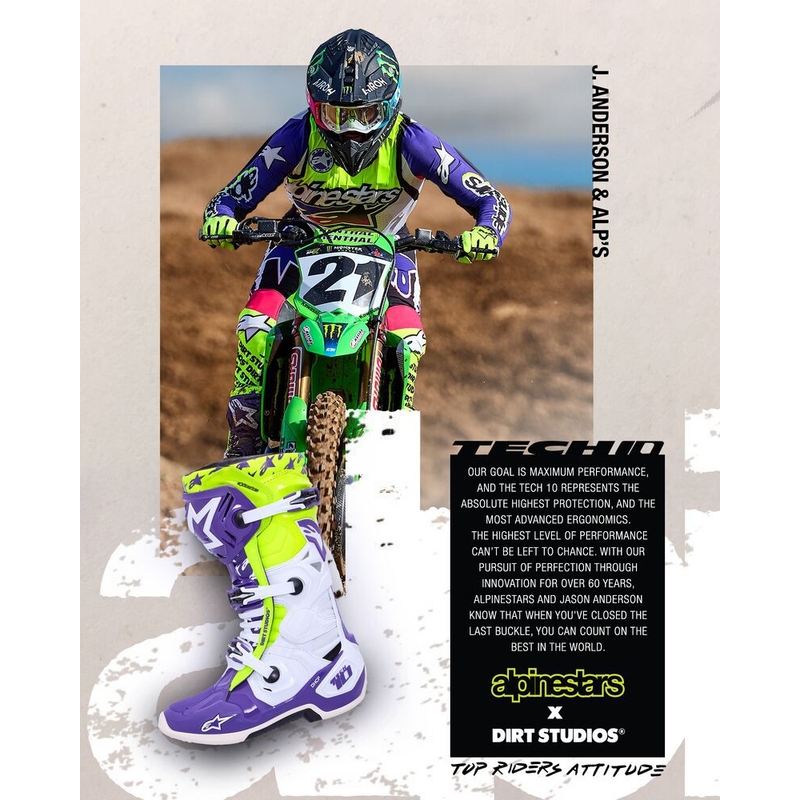 Alpinestars TECH 10 limited edition Dirt Studios paars-wit-geel motorlaarzen