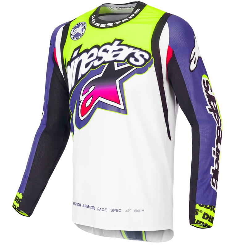 Alpinestars Supertech SX limited edition Dirt Studios wit-paars-roze-fluo geel motorcross shirt