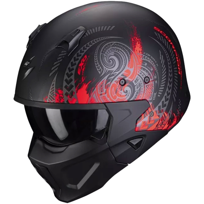 Open helm met masker SCORPION COVERT-X TATTOO mat zwart-rood