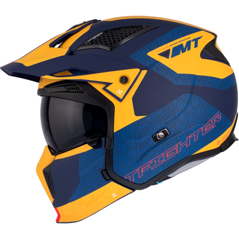 Open helm met masker MT Streetfighter SV Totem C3 blauw-geel met iridium vizier