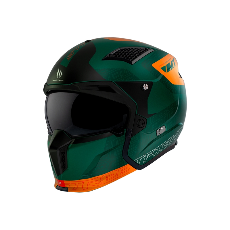Open helm met masker MT Streetfighter SV Totem C6 zwart-oranje-groen met iridium plexiglas