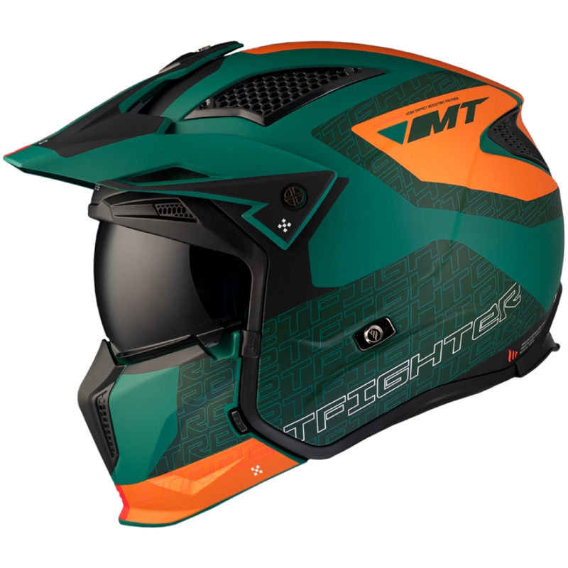 Open helm met masker MT Streetfighter SV Totem C6 zwart-oranje-groen met iridium plexiglas