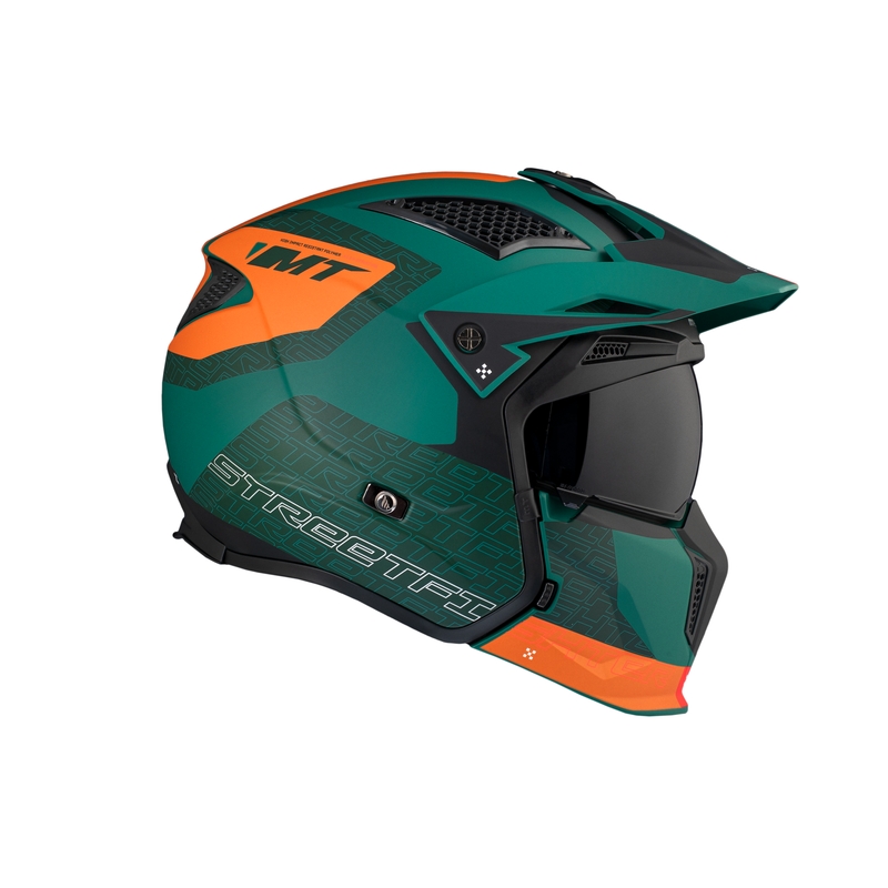 Open helm met masker MT Streetfighter SV Totem C6 zwart-oranje-groen met iridium plexiglas