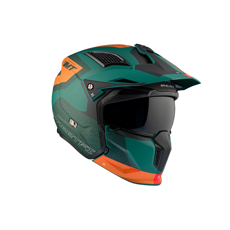 Open helm met masker MT Streetfighter SV Totem C6 zwart-oranje-groen met iridium plexiglas