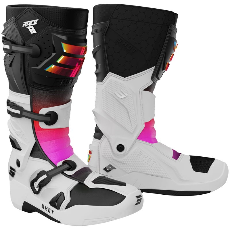 Shot Race 8 holografische wit-zwart-roze motorcrosslaarzen