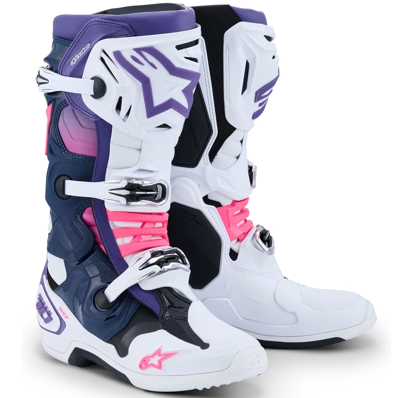 Alpinestars Tech 10 motorlaarzen wit-paars-blauw-fluo roze