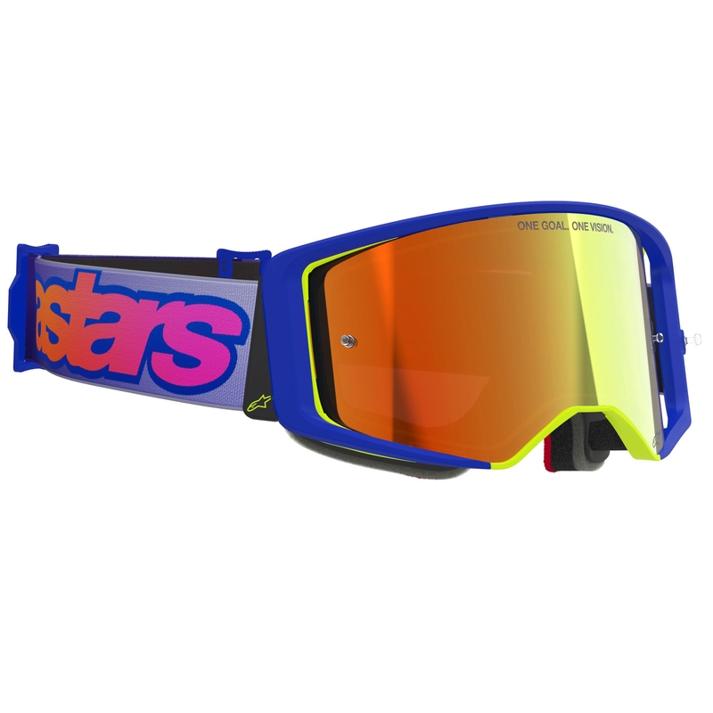 Alpinestars Supertech Vision Vista blauw-geel-paarse crossbril met rode spiegellens