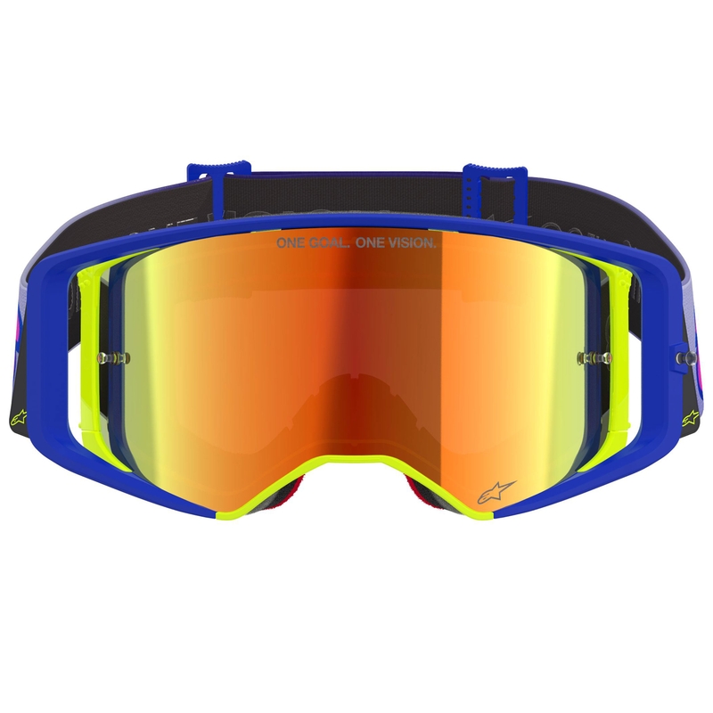 Alpinestars Supertech Vision Vista blauw-geel-paarse crossbril met rode spiegellens
