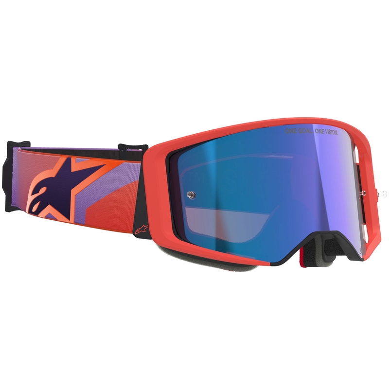Alpinestars Supertech Vision Corp oranje-paarse motorcrossbril met gespiegelde blauwe lens