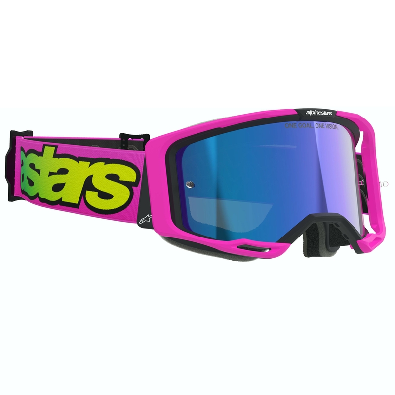 Alpinestars Vision 8 Vista fluo roze-fluo geel-groene crossbril met gespiegelde blauwe lens