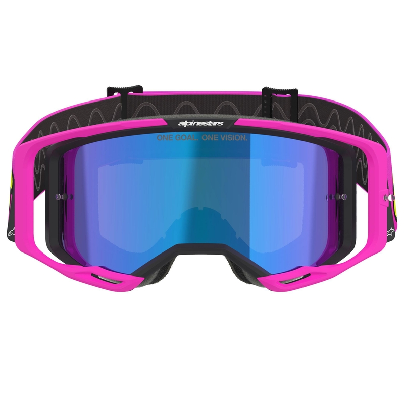 Alpinestars Vision 8 Vista fluo roze-fluo geel-groene crossbril met gespiegelde blauwe lens