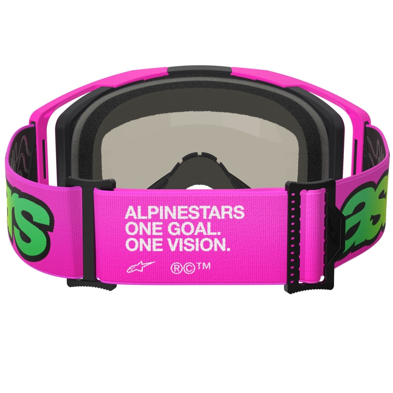 Alpinestars Vision 8 Vista fluo roze-fluo geel-groene crossbril met gespiegelde blauwe lens