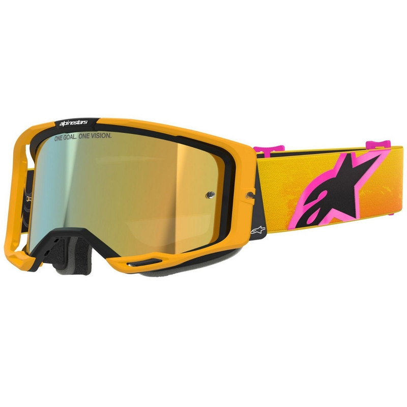 Alpinestars Vision 8 Corp oranje-geel-roze crossbril met gespiegelde gouden lens