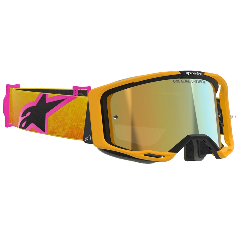 Alpinestars Vision 8 Corp oranje-geel-roze crossbril met gespiegelde gouden lens