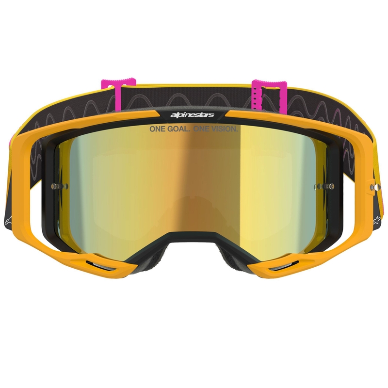 Alpinestars Vision 8 Corp oranje-geel-roze crossbril met gespiegelde gouden lens