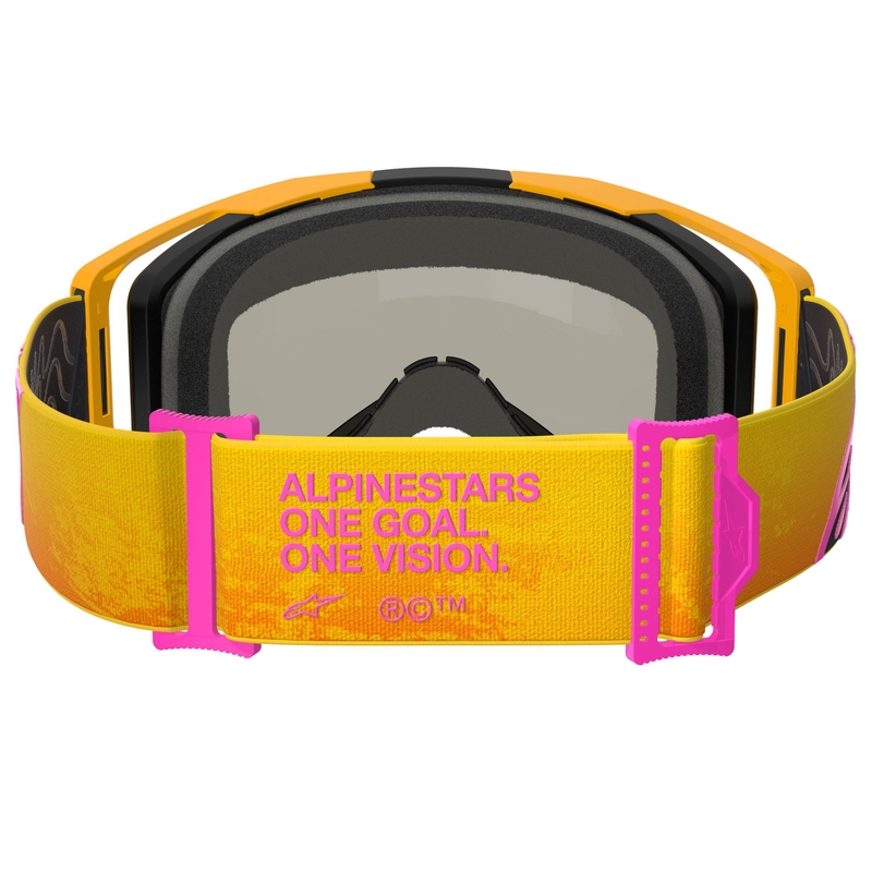Alpinestars Vision 8 Corp oranje-geel-roze crossbril met gespiegelde gouden lens