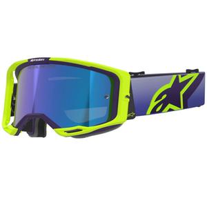 Alpinestars Vision 8 Corp fluo geel-paarse crossbril met gespiegelde blauwe lens