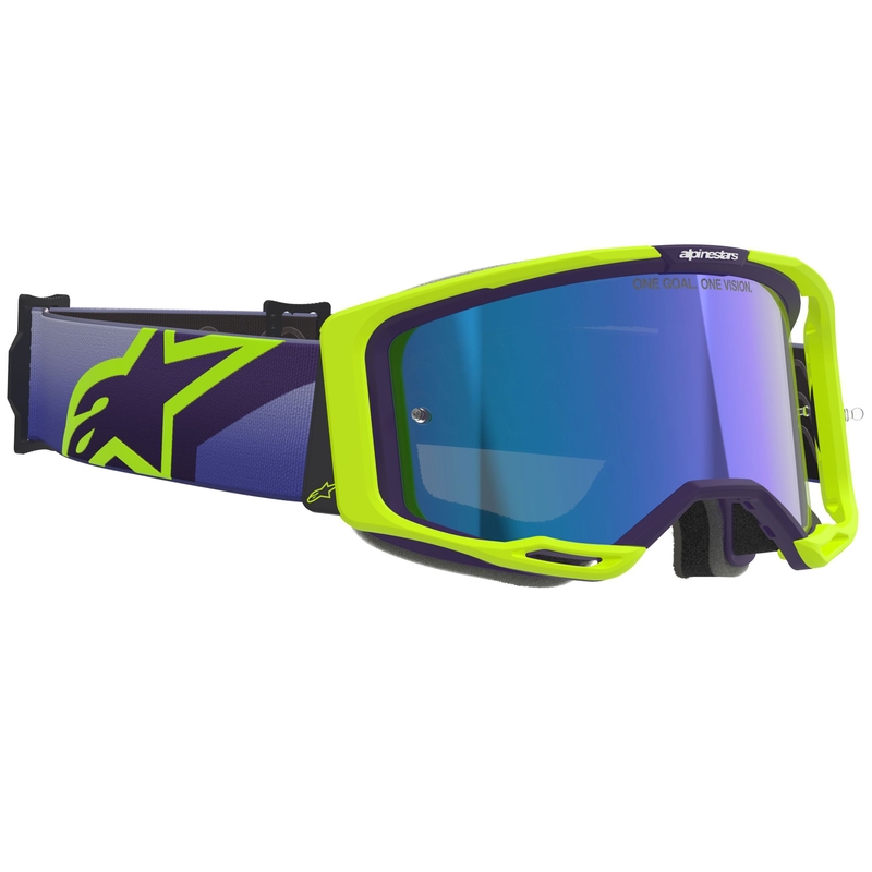 Alpinestars Vision 8 Corp fluo geel-paarse crossbril met gespiegelde blauwe lens