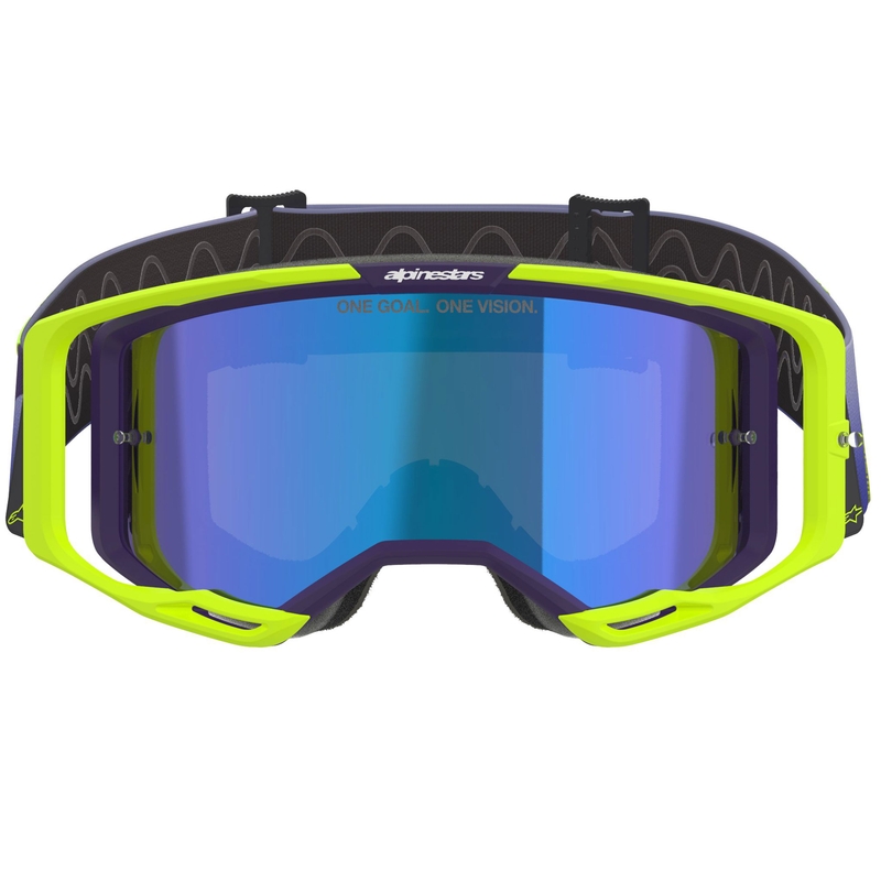 Alpinestars Vision 8 Corp fluo geel-paarse crossbril met gespiegelde blauwe lens