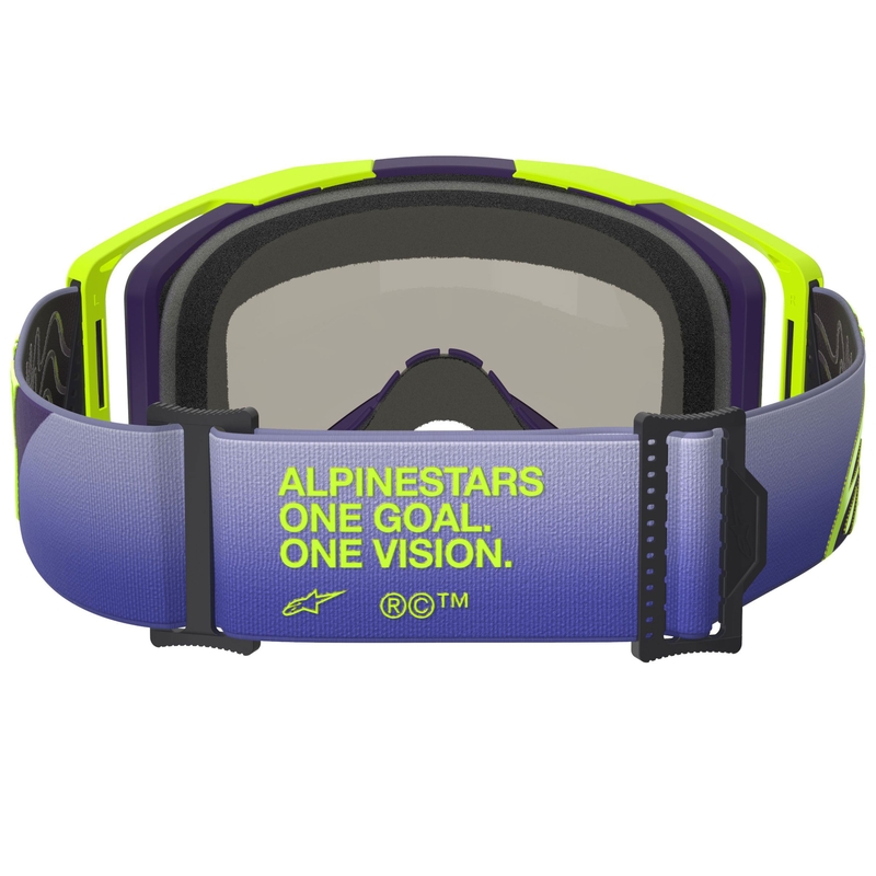 Alpinestars Vision 8 Corp fluo geel-paarse crossbril met gespiegelde blauwe lens