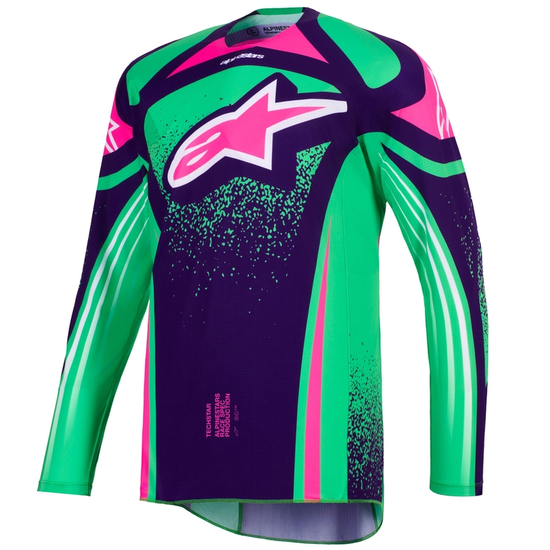 Alpinestars Techstar Nomur crossshirt donkerpaars-groen-fluo roze