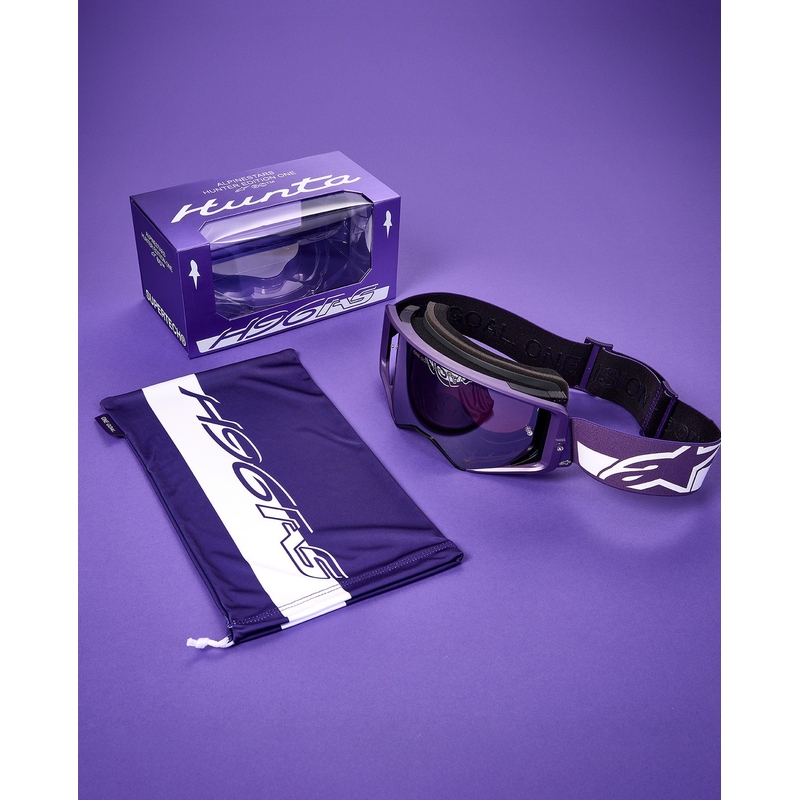 Alpinestars Supertech Vision Hunta96 XXV crossbril paars-wit met spiegelend zilver plexiglas