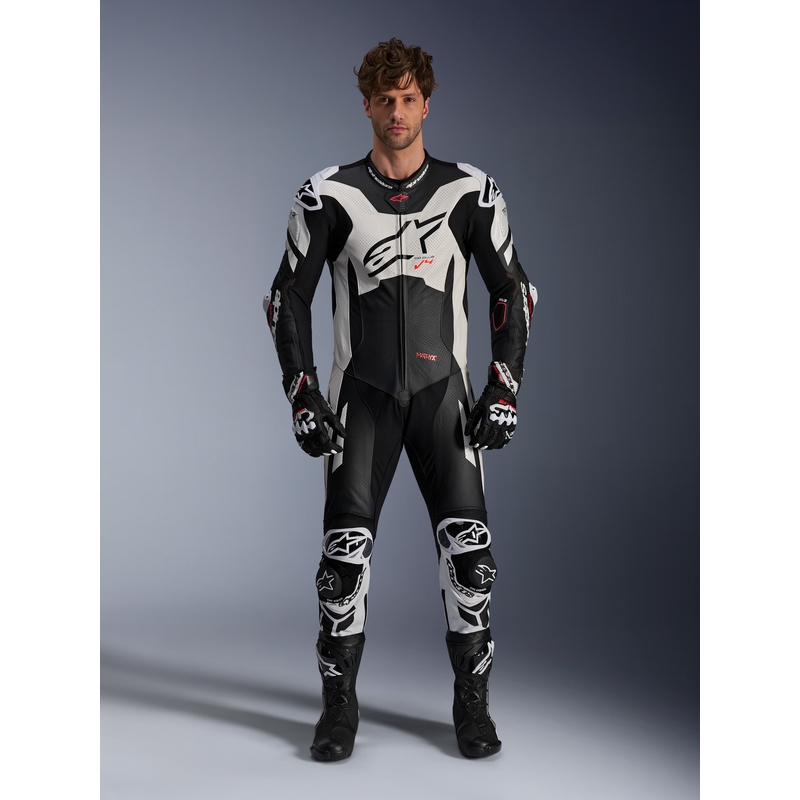 Alpinestars GP Plus V4 Sprint Eendelig Leren Pak, Tech-Air Compatibel Zwart-Wit-Rood Fluo