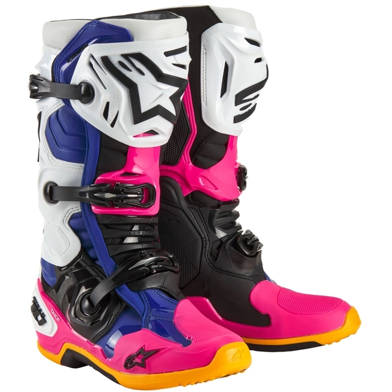 Alpinestars Tech 10 Limited Edition Kustwit-Donkerblauw-Roze-Fluogeel-Oranje-Zwart Motorfietslaarzen
