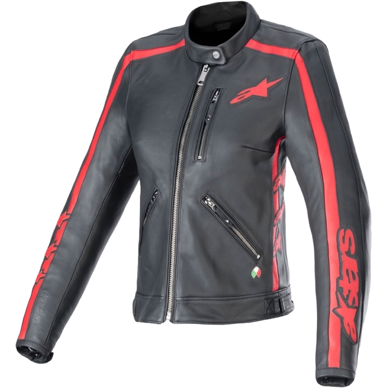 Alpinestars Stella Dyno zwart en rood leren motorjack voor dames