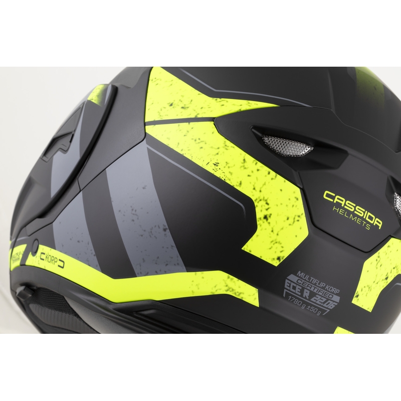 Cassida MultiFlip Korp opklapbare motorhelm, matzwart-fluorescent geel-grijs