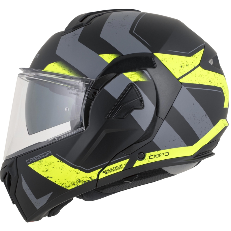 Cassida MultiFlip Korp opklapbare motorhelm, matzwart-fluorescent geel-grijs