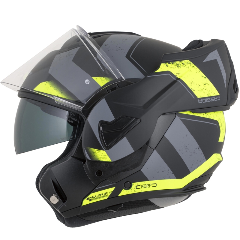 Cassida MultiFlip Korp opklapbare motorhelm, matzwart-fluorescent geel-grijs