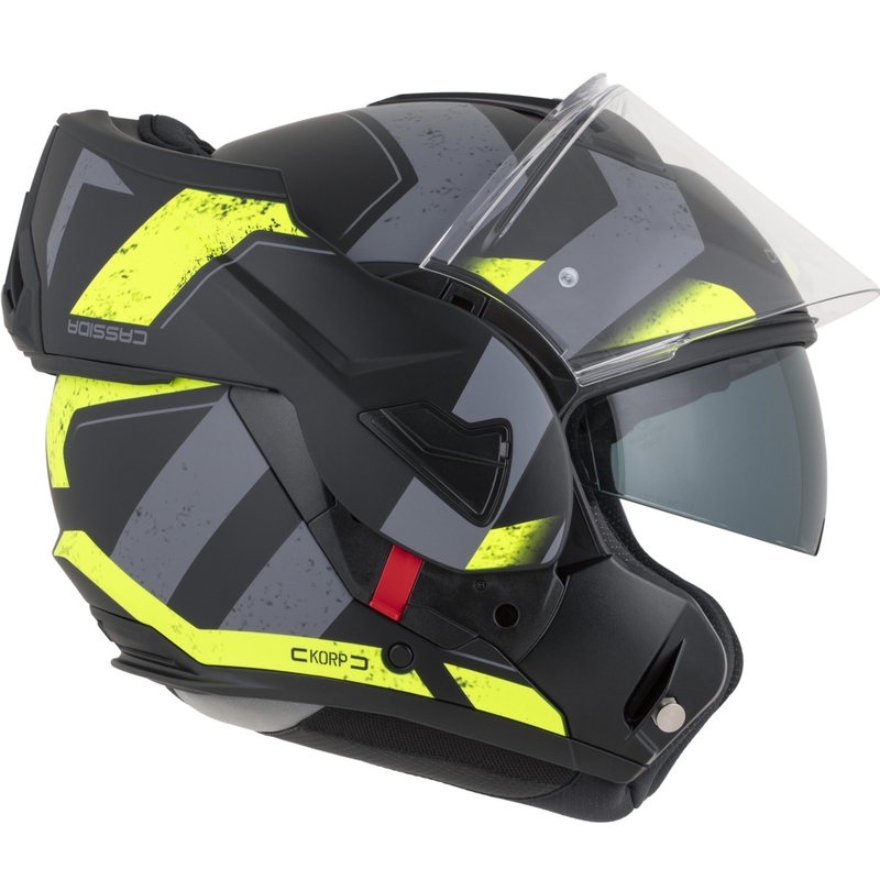 Cassida MultiFlip Korp opklapbare motorhelm, matzwart-fluorescent geel-grijs