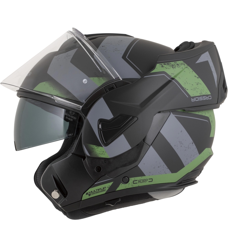 Cassida MultiFlip Korp opklapbare motorhelm, matzwart-groen-grijs