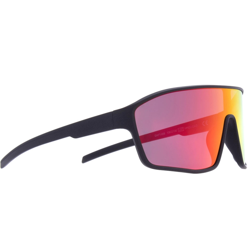 Red Bull Spect Daft zonnebril, zwart met blauw-rode glazen.