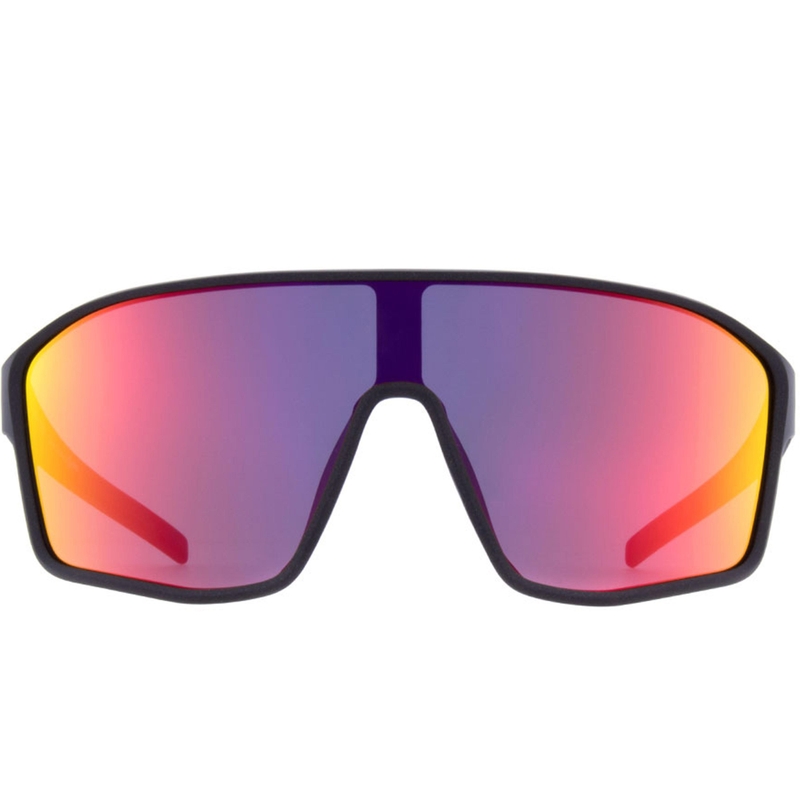 Red Bull Spect Daft zonnebril, zwart met blauw-rode glazen.