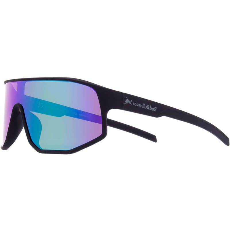 Red Bull Spect Dash zonnebril, zwart met groen-paarse glazen.