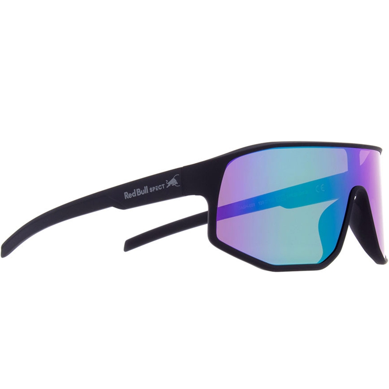 Red Bull Spect Dash zonnebril, zwart met groen-paarse glazen.