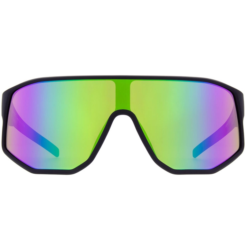 Red Bull Spect Dash zonnebril, zwart met groen-paarse glazen.