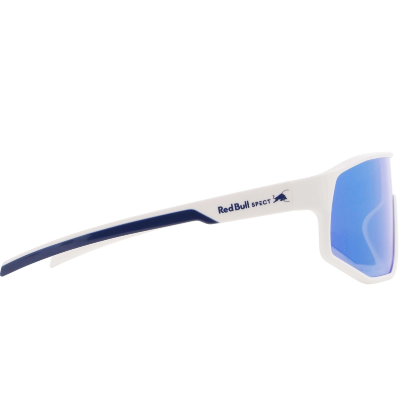 Red Bull Spect Dash zonnebril, wit met blauwe glazen.