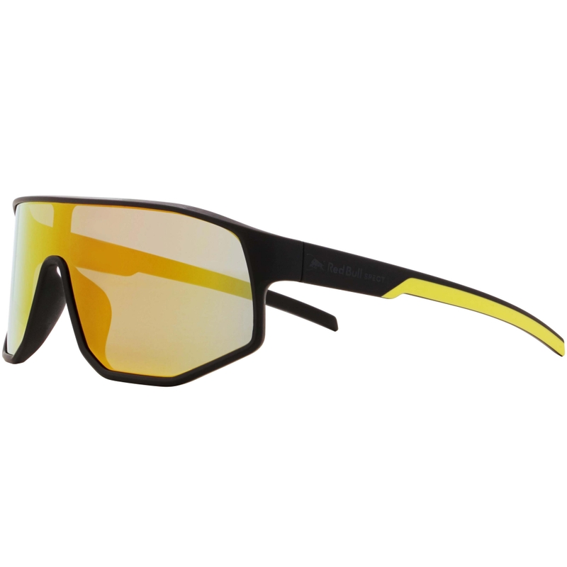 Red Bull Spect Dash zonnebril, zwart met blauw-gele lenzen.